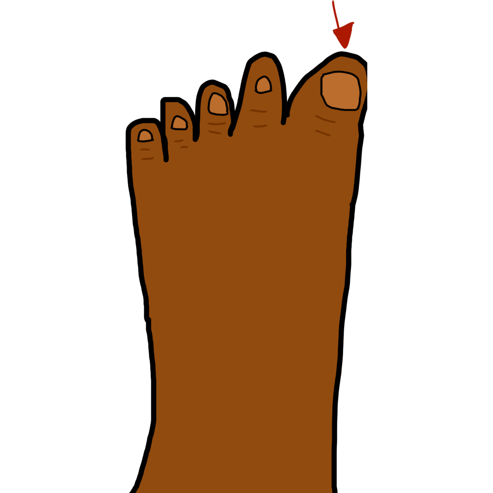 symbol of a foot with medium brown skin viewed from above. The big toe has a red arrow pointing to it.